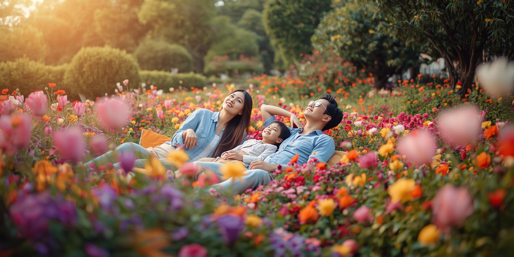 web site banner a family sitting flower garden relax